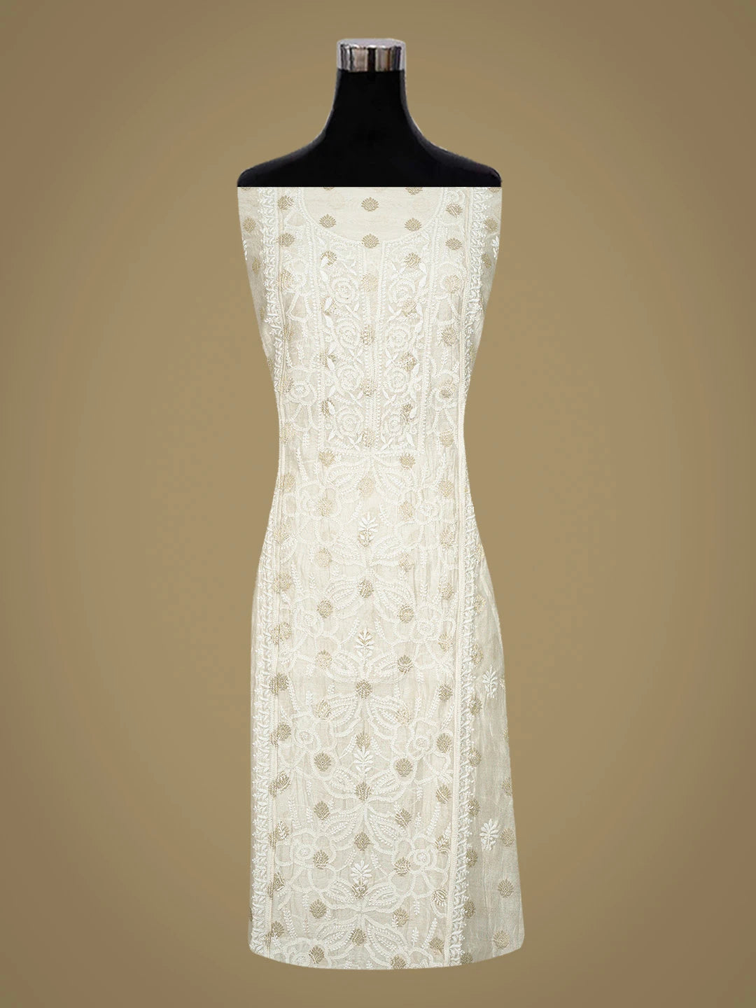 Ada Hand Embroidered White Chanderi Lucknowi Chikankari Semi-Stitched Kurta Dupatta Set With Zari Work 01A789352