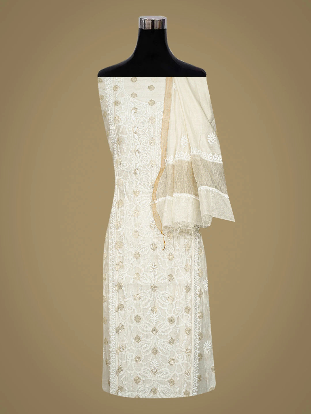 Ada Hand Embroidered White Chanderi Lucknowi Chikankari Semi-Stitched Kurta Dupatta Set With Zari Work 01A789352