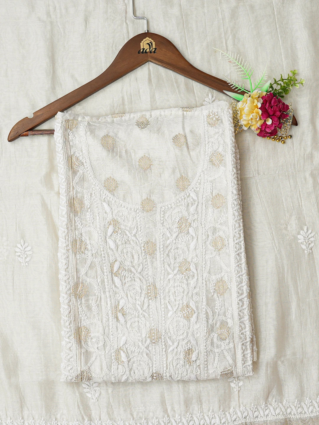 Ada Hand Embroidered White Chanderi Lucknowi Chikankari Semi-Stitched Kurta Dupatta Set With Zari Work 01A789352
