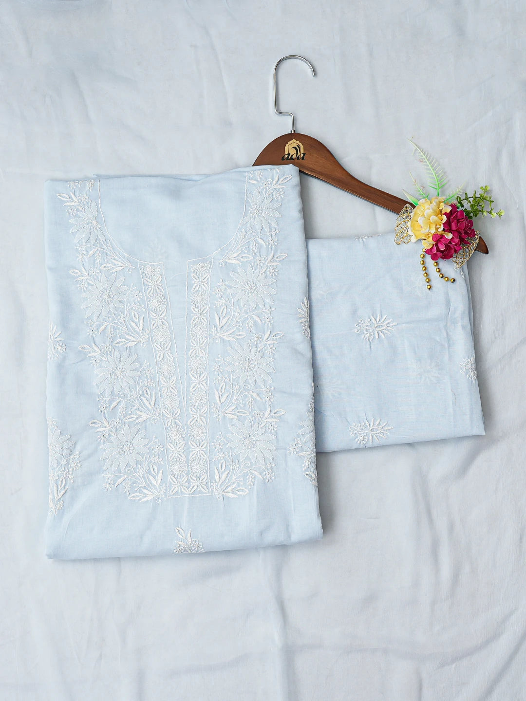 Ada Hand Embroidered Sky Blue Cotton Lucknowi Chikankari Unstitched Suit Piece 01A773561