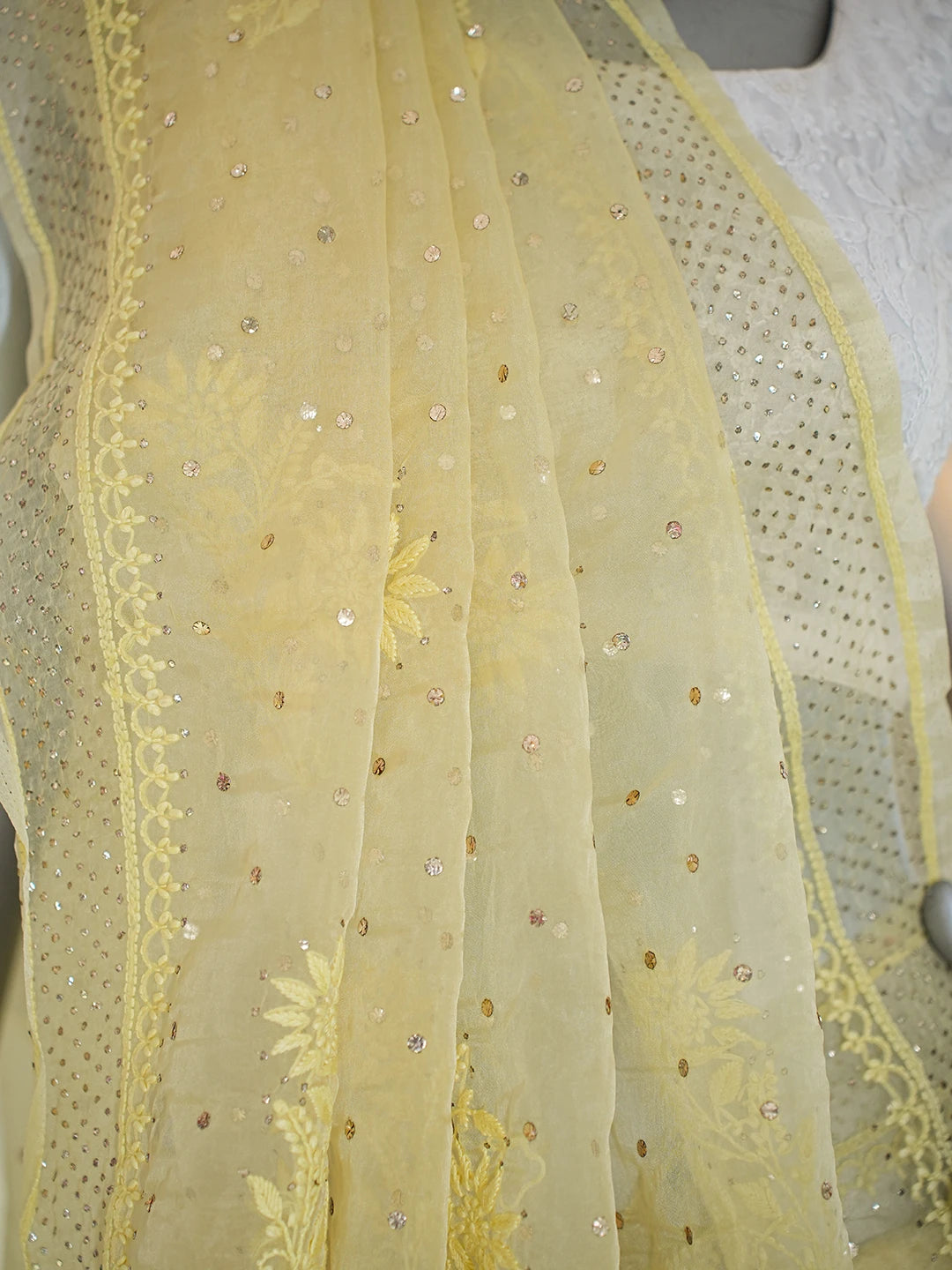 Ada Hand Embroidered Yellow Organza Lucknowi Chikankari Saree and Blouse With Muqaish Work 01A756929