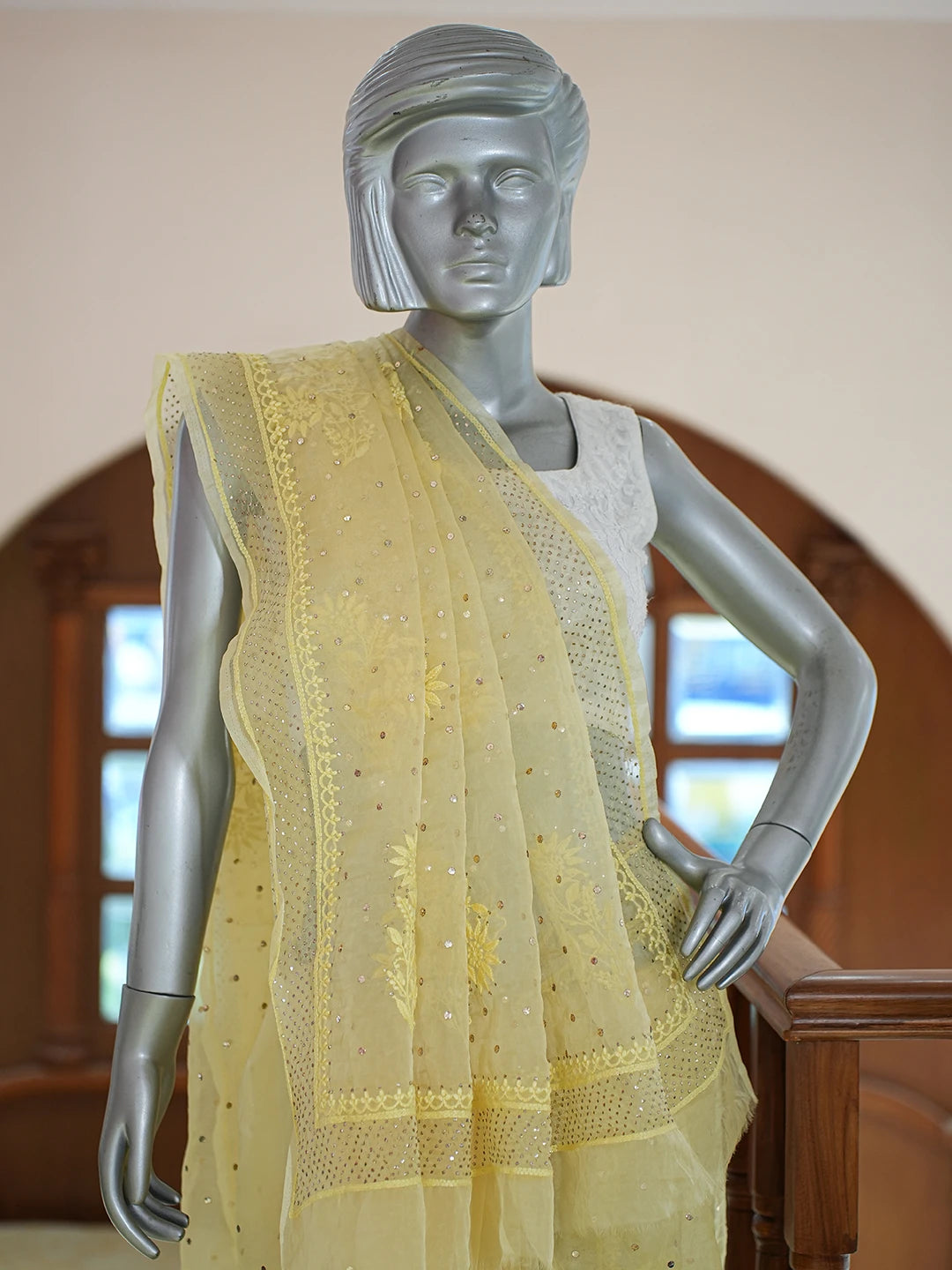 Ada Hand Embroidered Yellow Organza Lucknowi Chikankari Saree and Blouse With Muqaish Work 01A756929