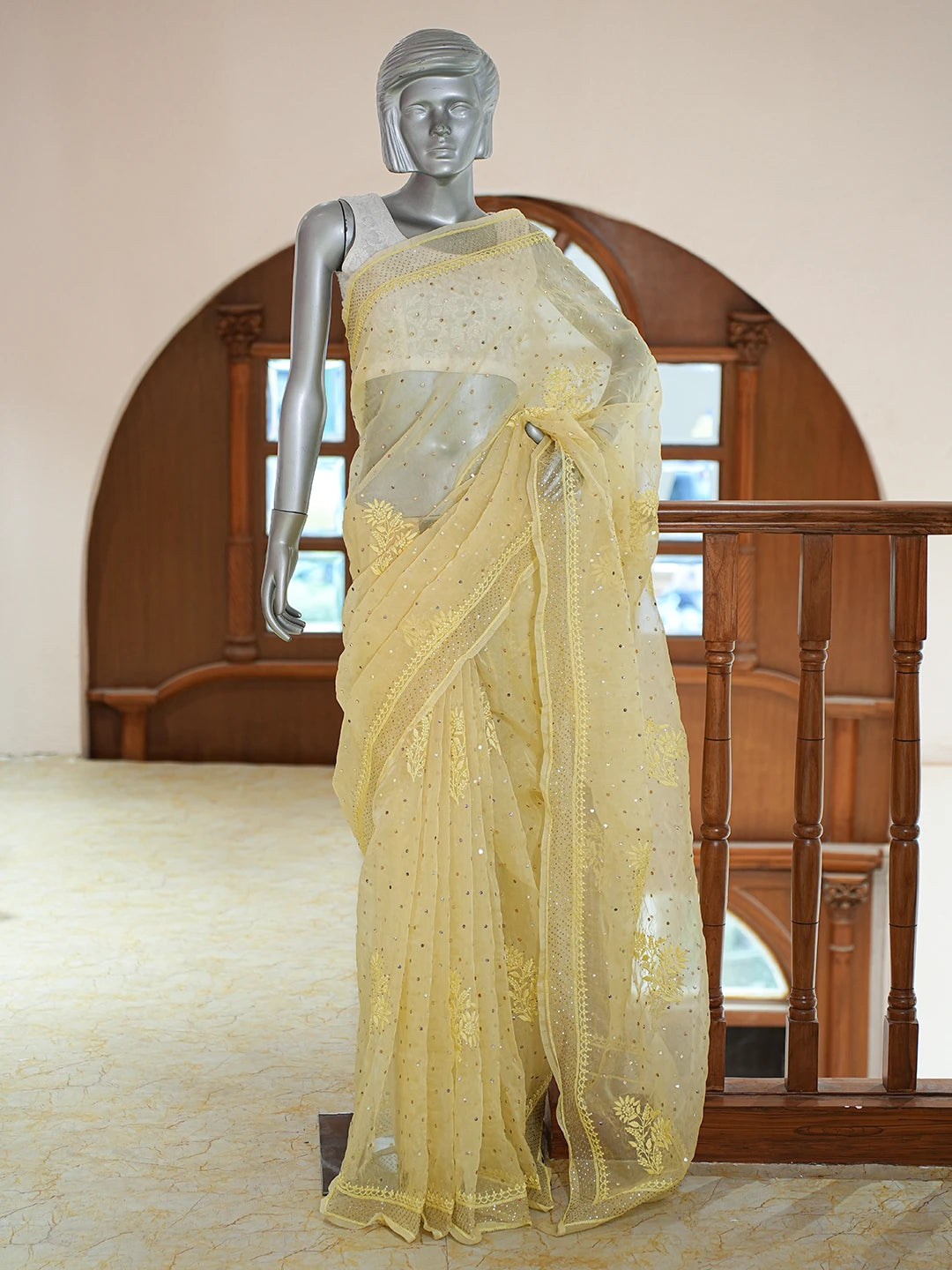 Ada Hand Embroidered Yellow Organza Lucknowi Chikankari Saree and Blouse With Muqaish Work 01A756929