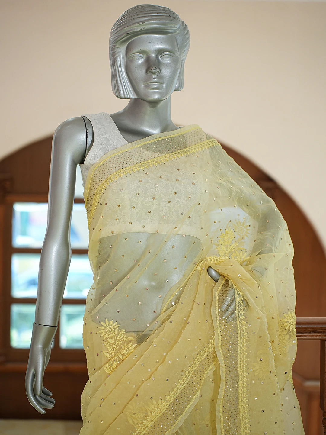 Ada Hand Embroidered Yellow Organza Lucknowi Chikankari Saree and Blouse With Muqaish Work 01A756929