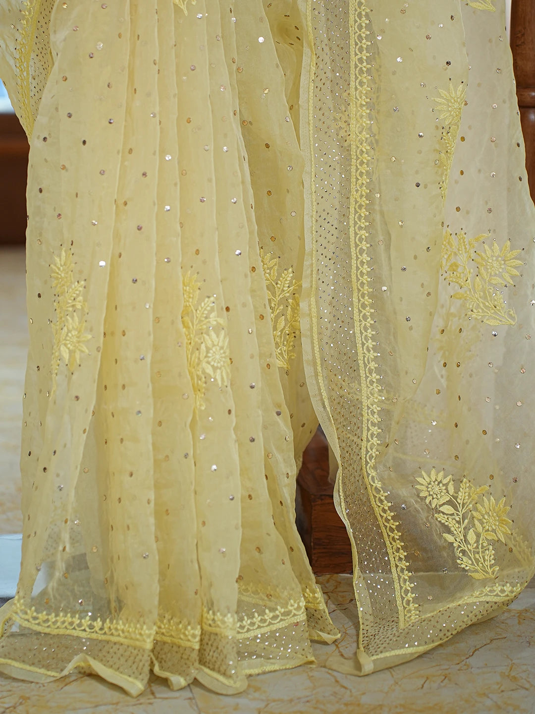 Ada Hand Embroidered Yellow Organza Lucknowi Chikankari Saree and Blouse With Muqaish Work 01A756929