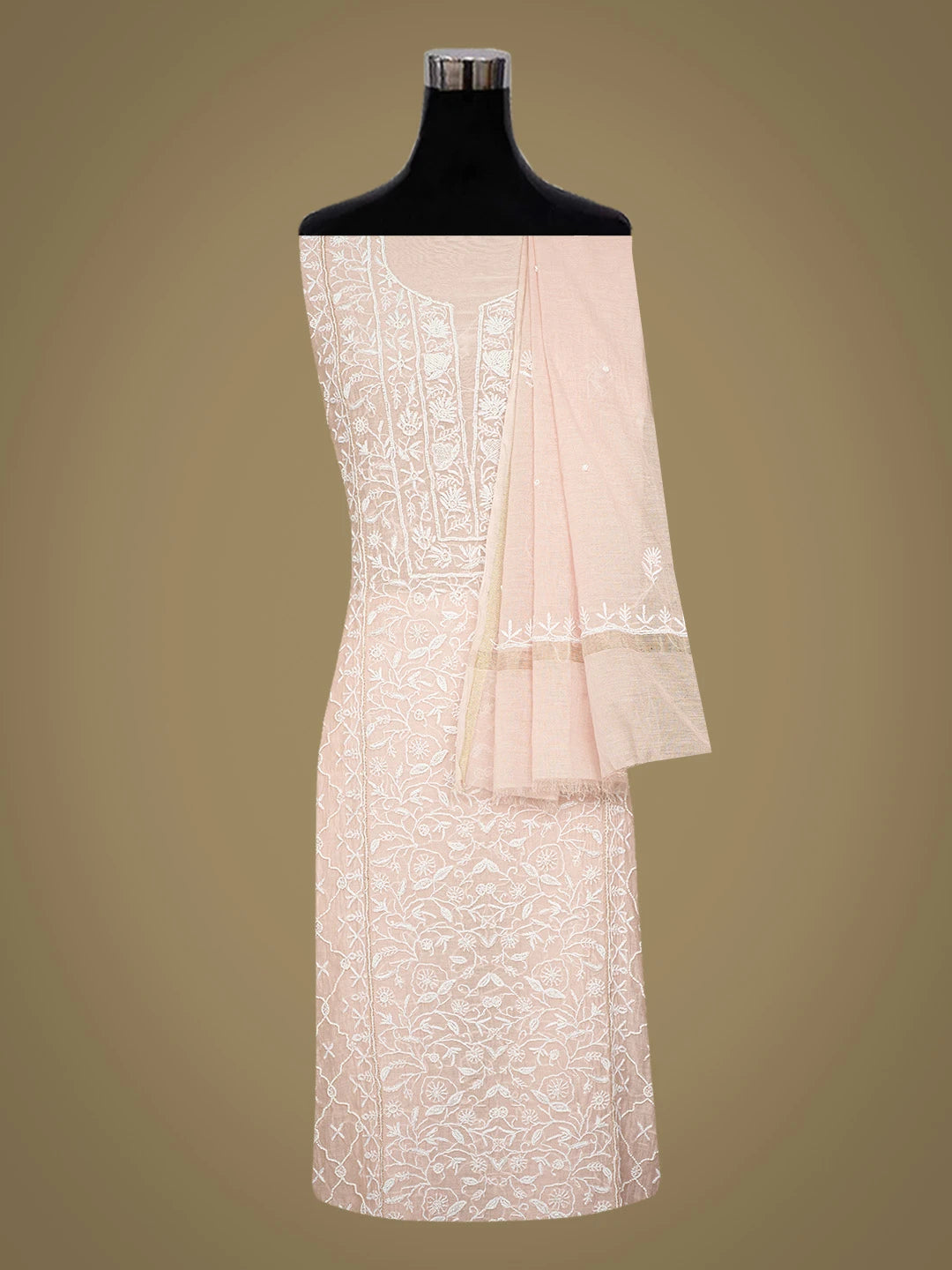 Ada Hand Embroidered Peach Chanderi Lucknowi Chikankari Unstitched Kurta Dupatta Set With Pearl Work 01A749785