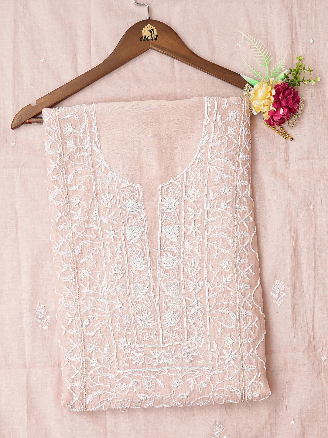 Ada Hand Embroidered Peach Chanderi Lucknowi Chikankari Unstitched Kurta Dupatta Set With Pearl Work 01A749785