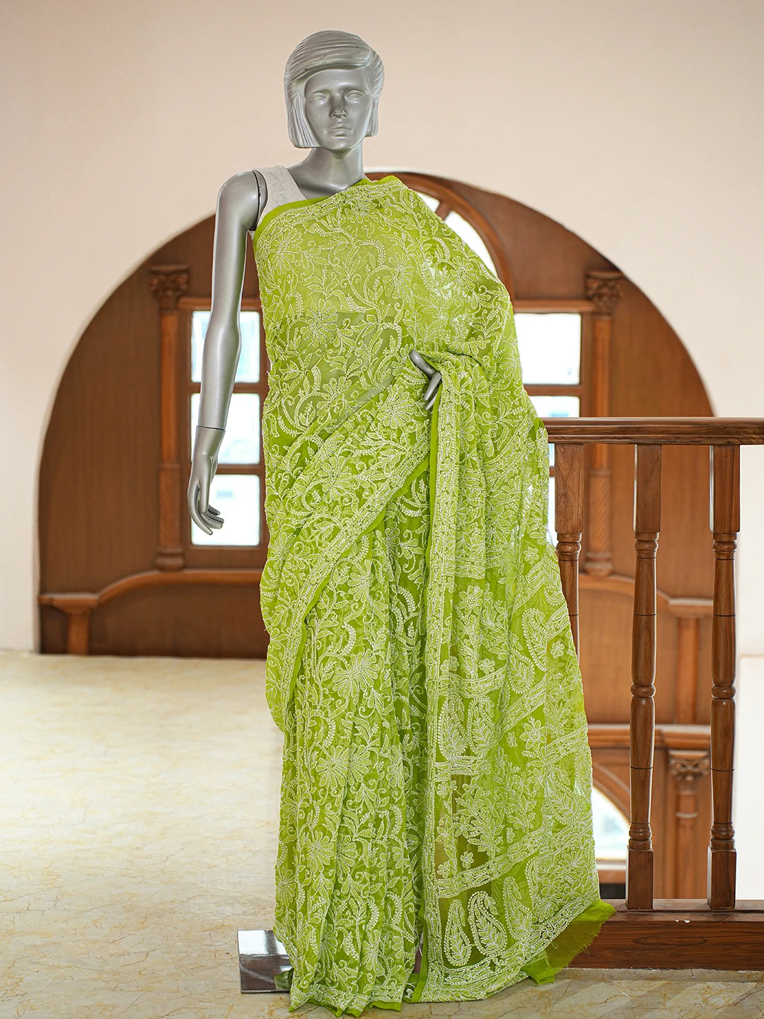 Ada Hand Embroidered Lime Green Georgette Lucknowi Chikankari Saree and Blouse 01A778650