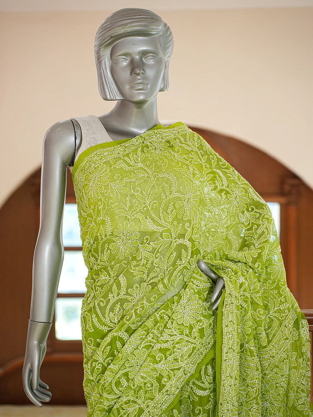 Ada Hand Embroidered Lime Green Georgette Lucknowi Chikankari Saree and Blouse 01A778650