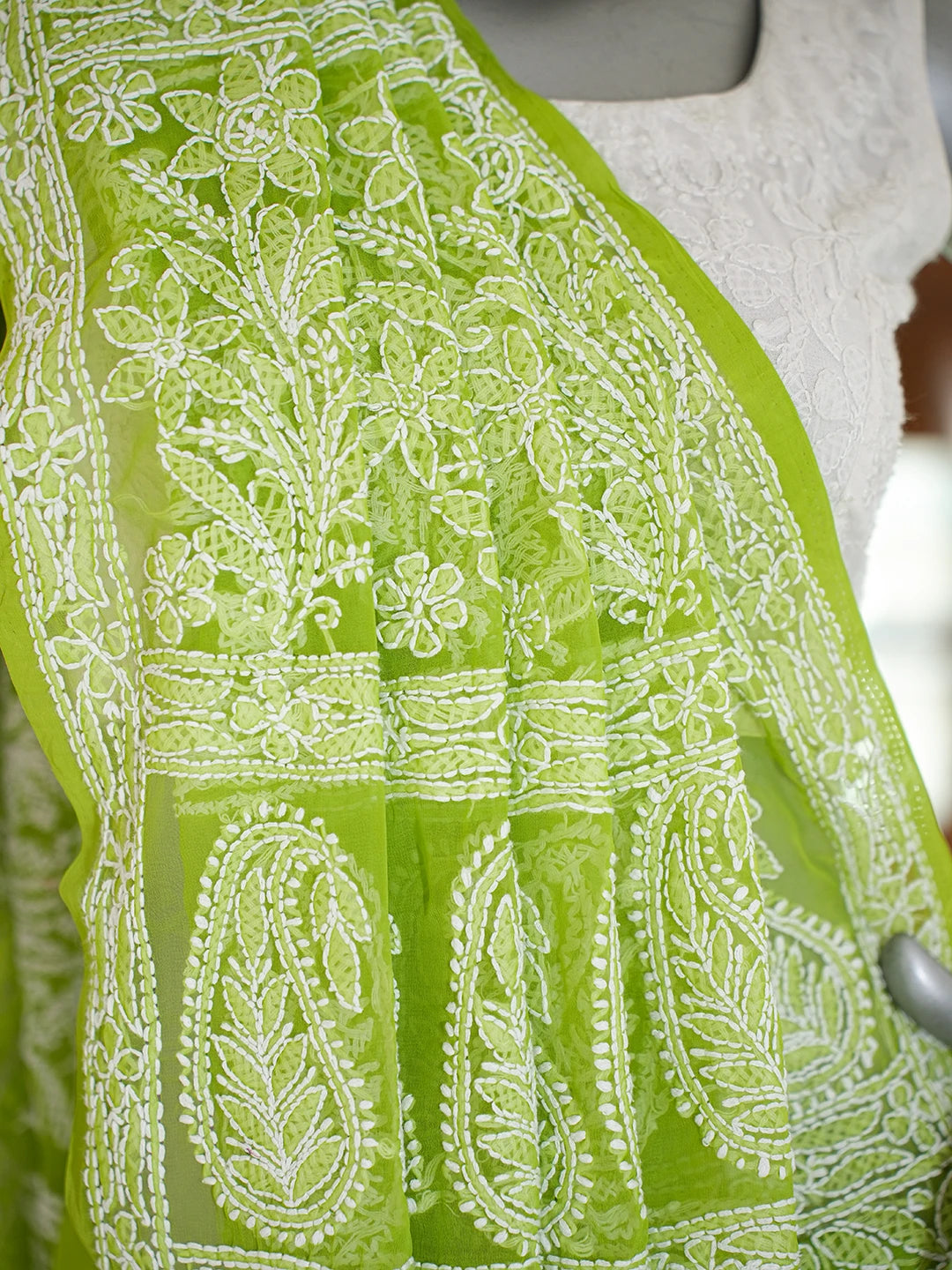 Ada Hand Embroidered Lime Green Georgette Lucknowi Chikankari Saree and Blouse 01A778650
