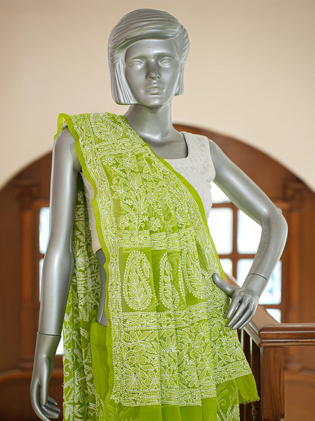 Ada Hand Embroidered Lime Green Georgette Lucknowi Chikankari Saree and Blouse 01A778650