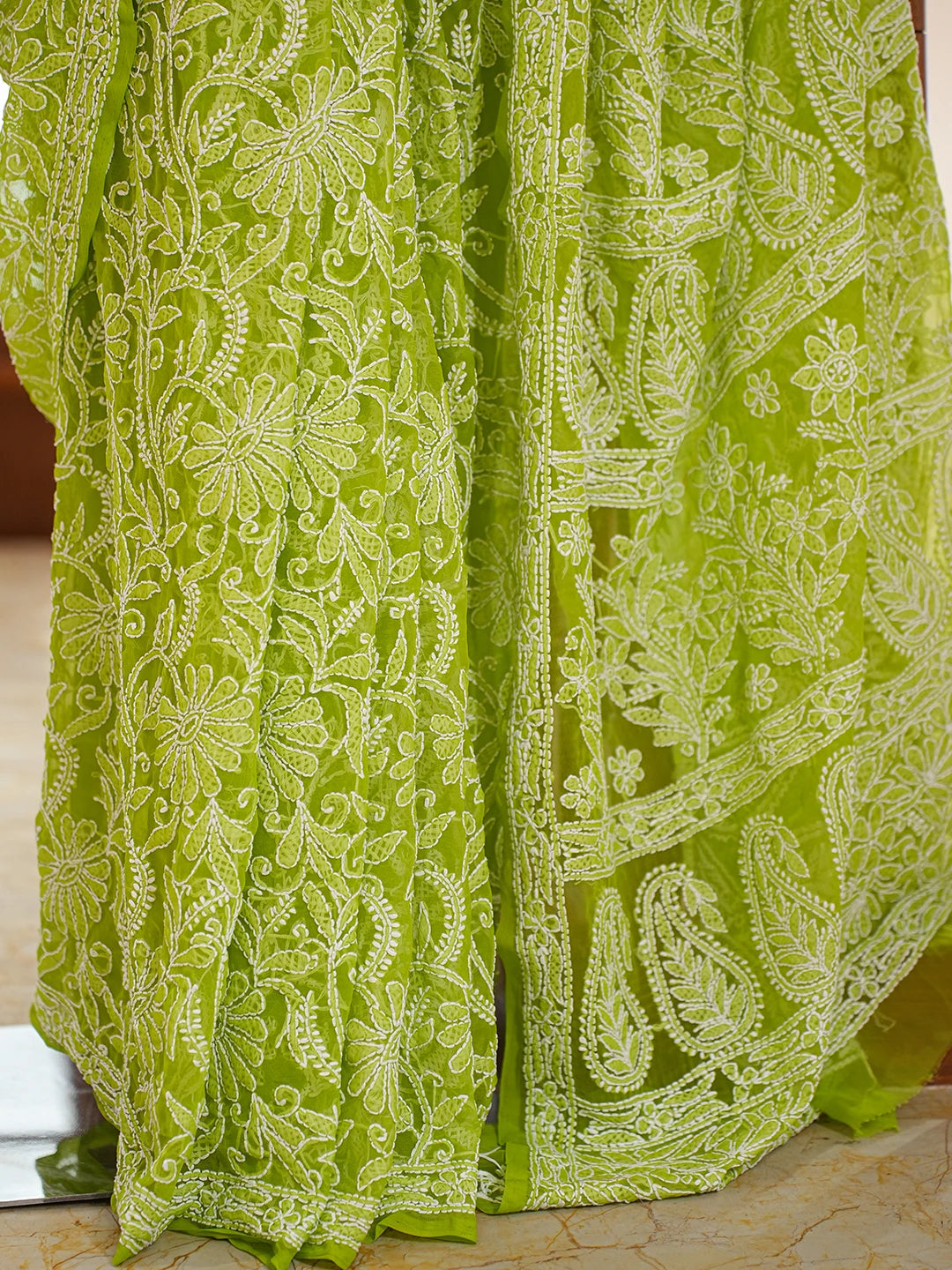 Ada Hand Embroidered Lime Green Georgette Lucknowi Chikankari Saree and Blouse 01A778650
