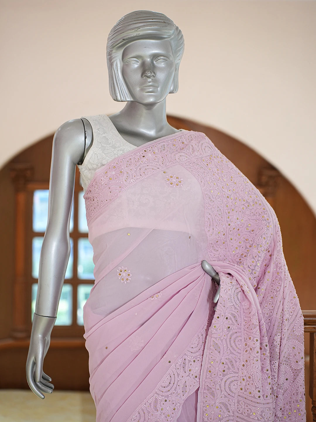 Ada Hand Embroidered Pink Viscose Georgette Lucknowi Chikankari Saree and Blouse With Muqaish Work 01A768728