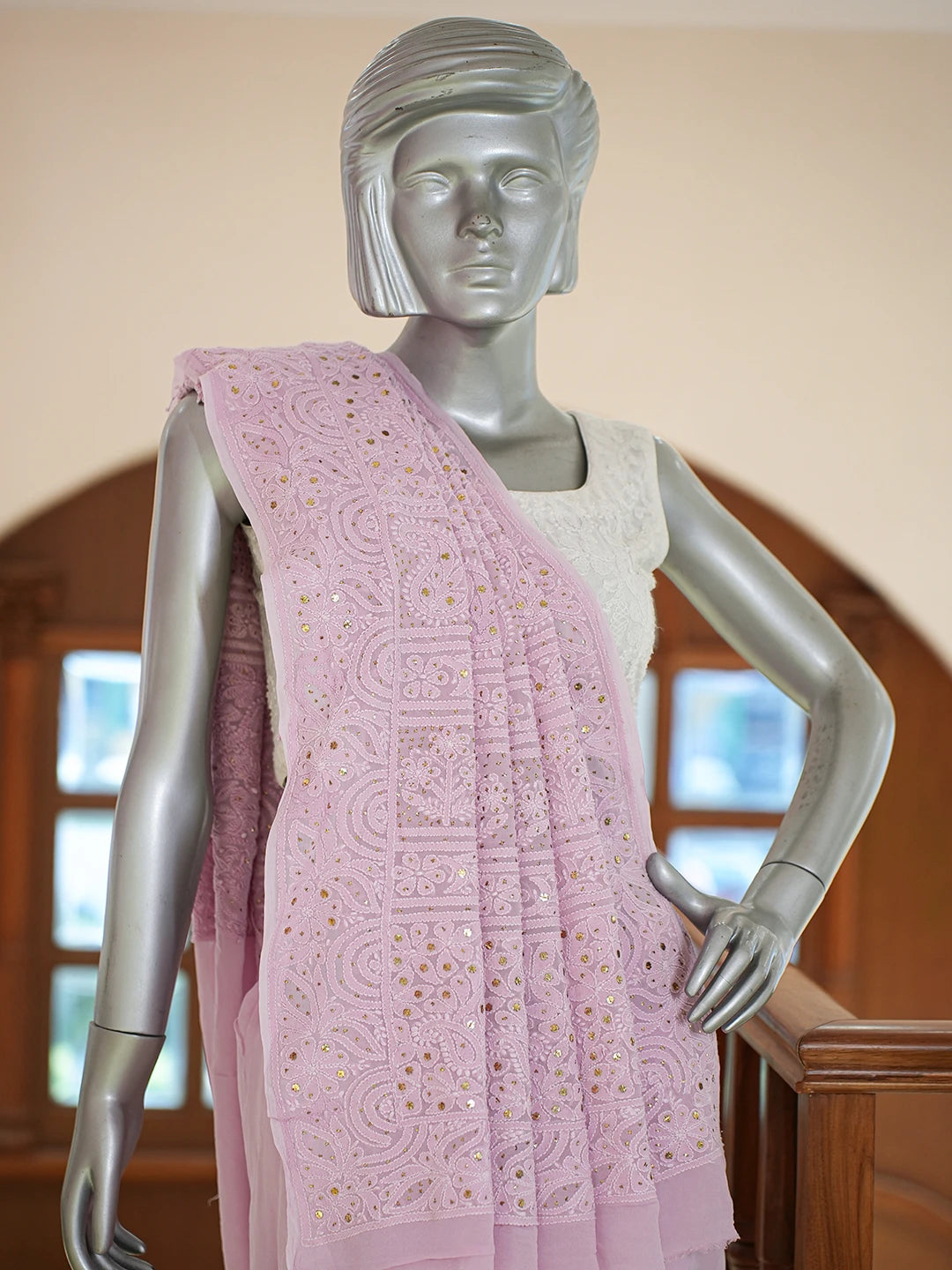 Ada Hand Embroidered Pink Viscose Georgette Lucknowi Chikankari Saree and Blouse With Muqaish Work 01A768728