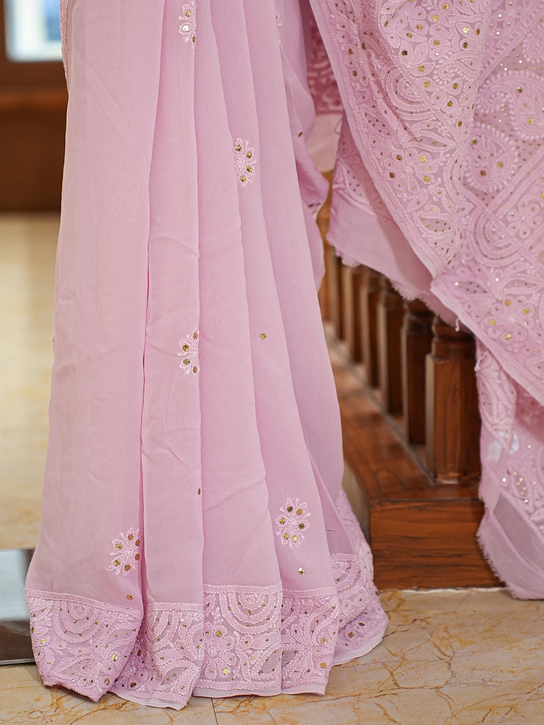 Ada Hand Embroidered Pink Viscose Georgette Lucknowi Chikankari Saree and Blouse With Muqaish Work 01A768728