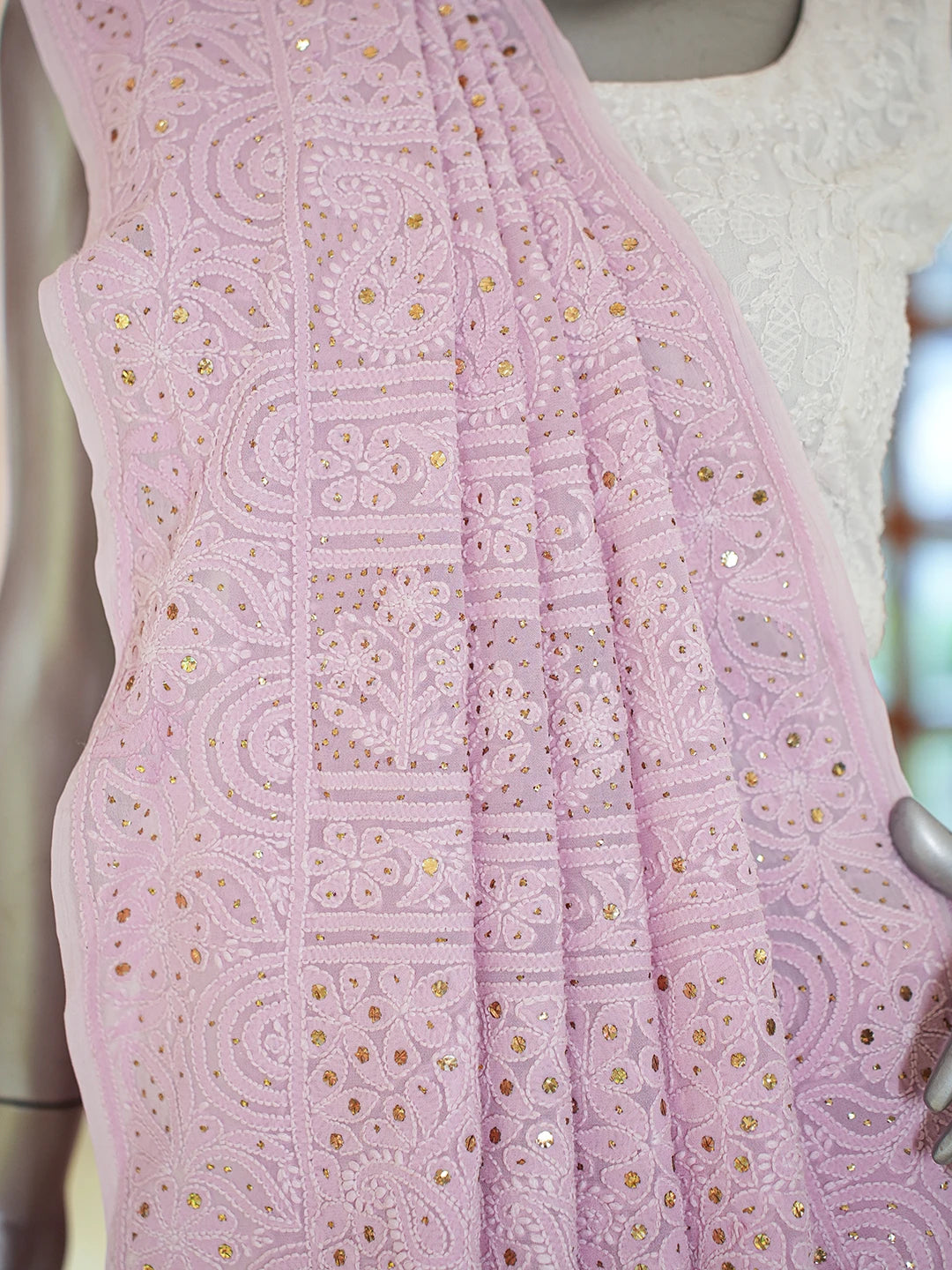Ada Hand Embroidered Pink Viscose Georgette Lucknowi Chikankari Saree and Blouse With Muqaish Work 01A768728