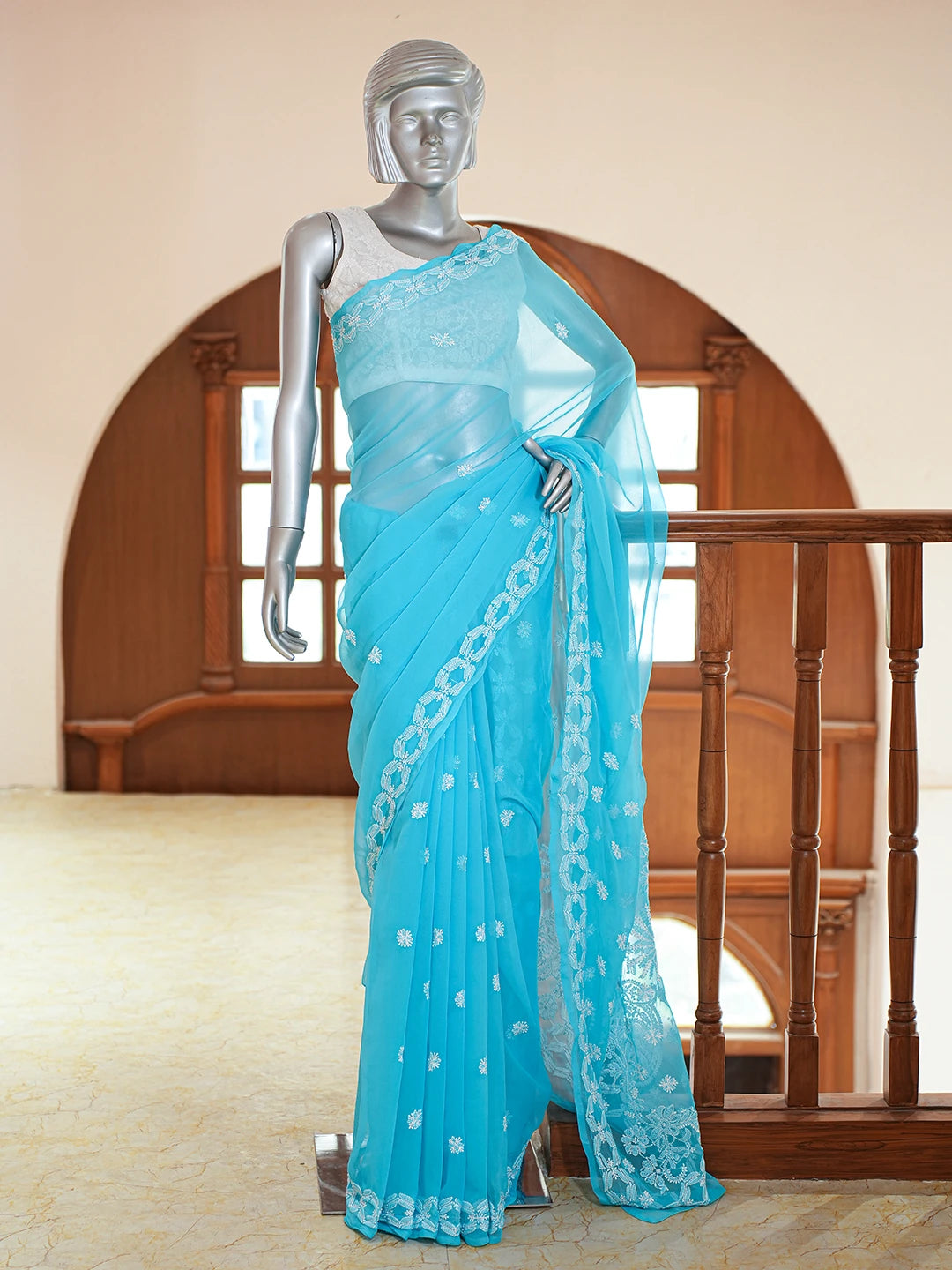 Ada Hand Embroidered Blue Georgette Lucknowi Chikankari Saree and Blouse 01A635372