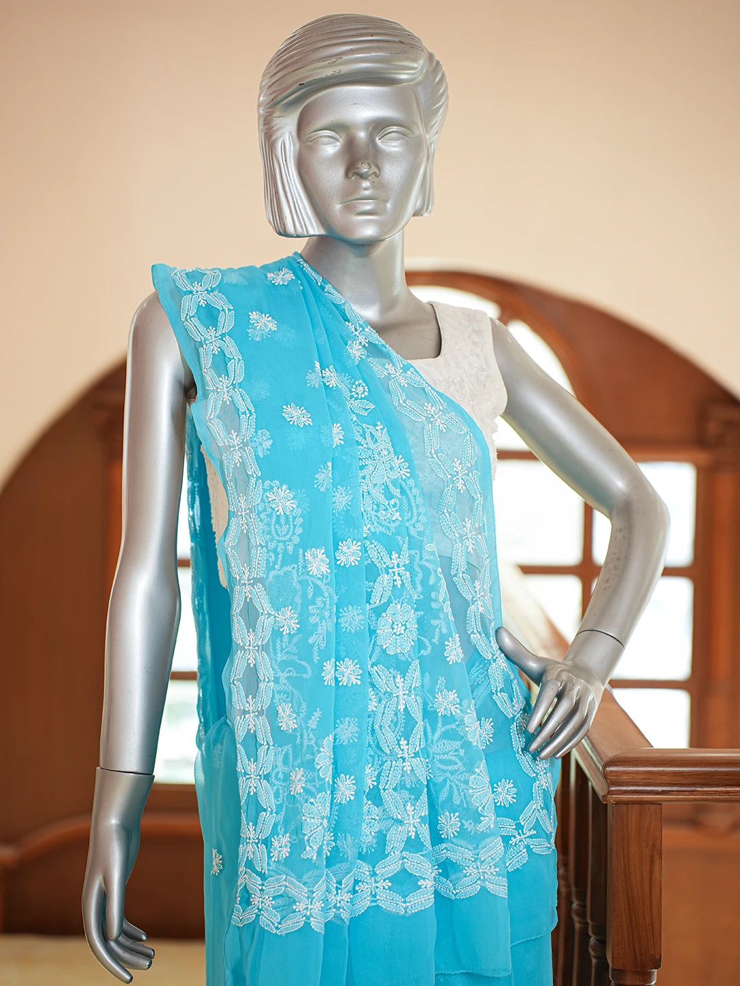 Ada Hand Embroidered Blue Georgette Lucknowi Chikankari Saree and Blouse 01A635372