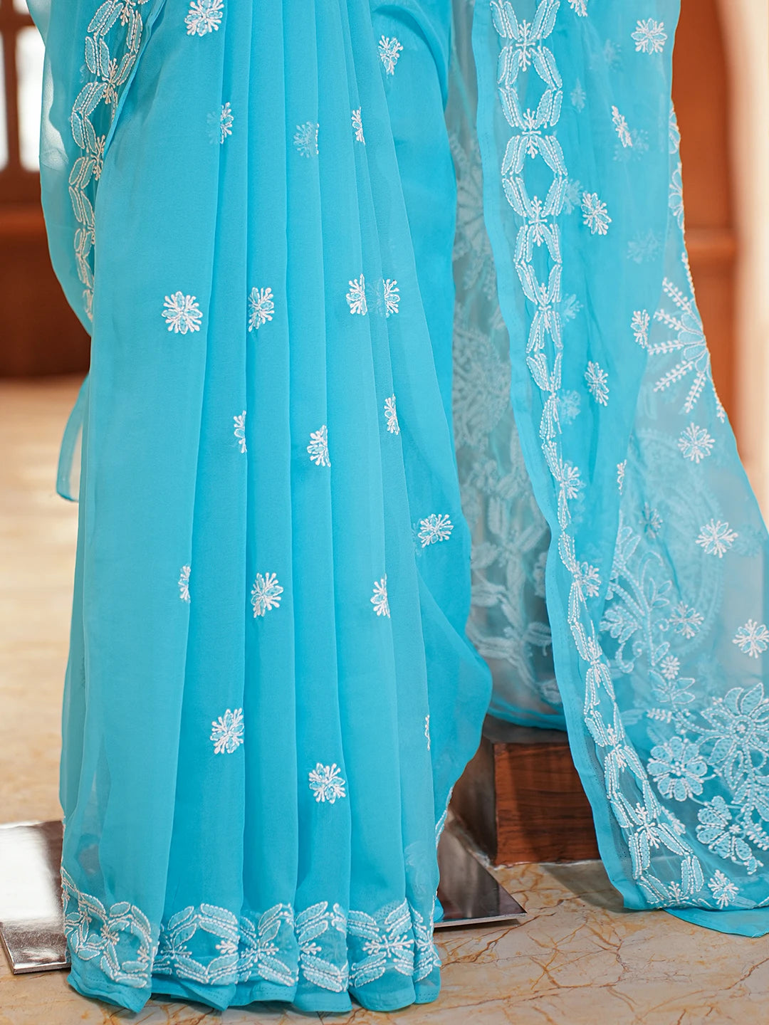 Ada Hand Embroidered Blue Georgette Lucknowi Chikankari Saree and Blouse 01A635372