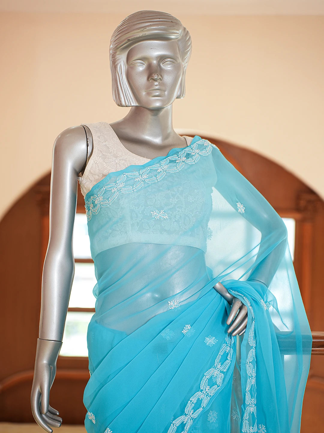 Ada Hand Embroidered Blue Georgette Lucknowi Chikankari Saree and Blouse 01A635372