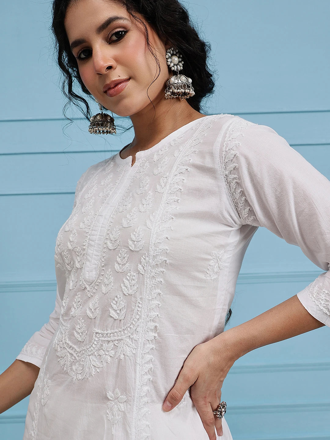 Ada Hand Embroidered White Cotton Lucknowi Chikankari Straight Kurta A411769