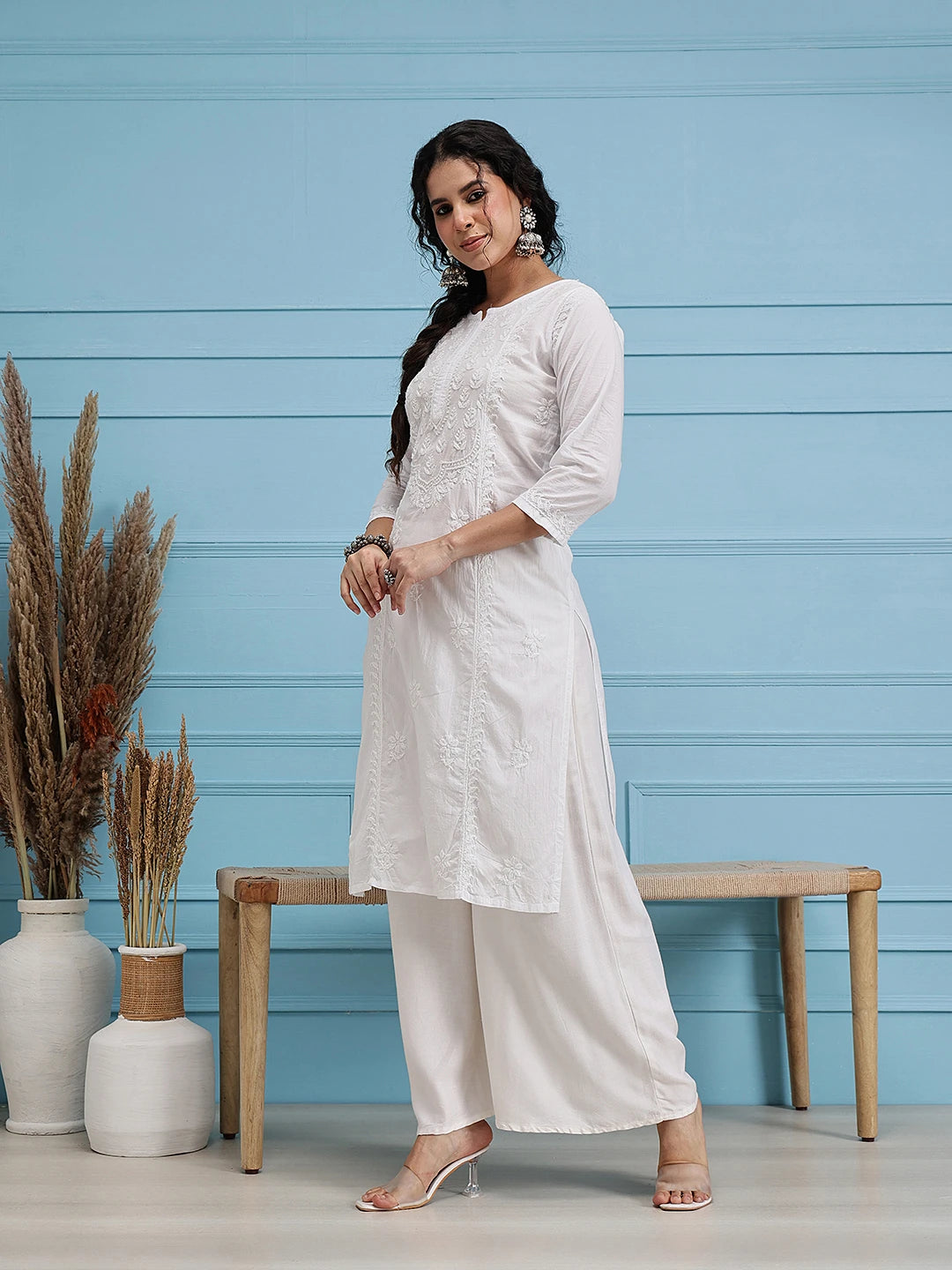 Ada Hand Embroidered White Cotton Lucknowi Chikankari Straight Kurta A411769
