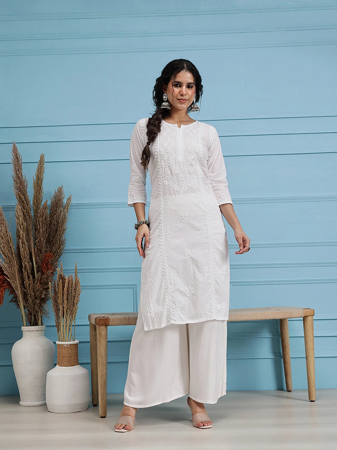 Ada Hand Embroidered White Cotton Lucknowi Chikankari Straight Kurta A411769