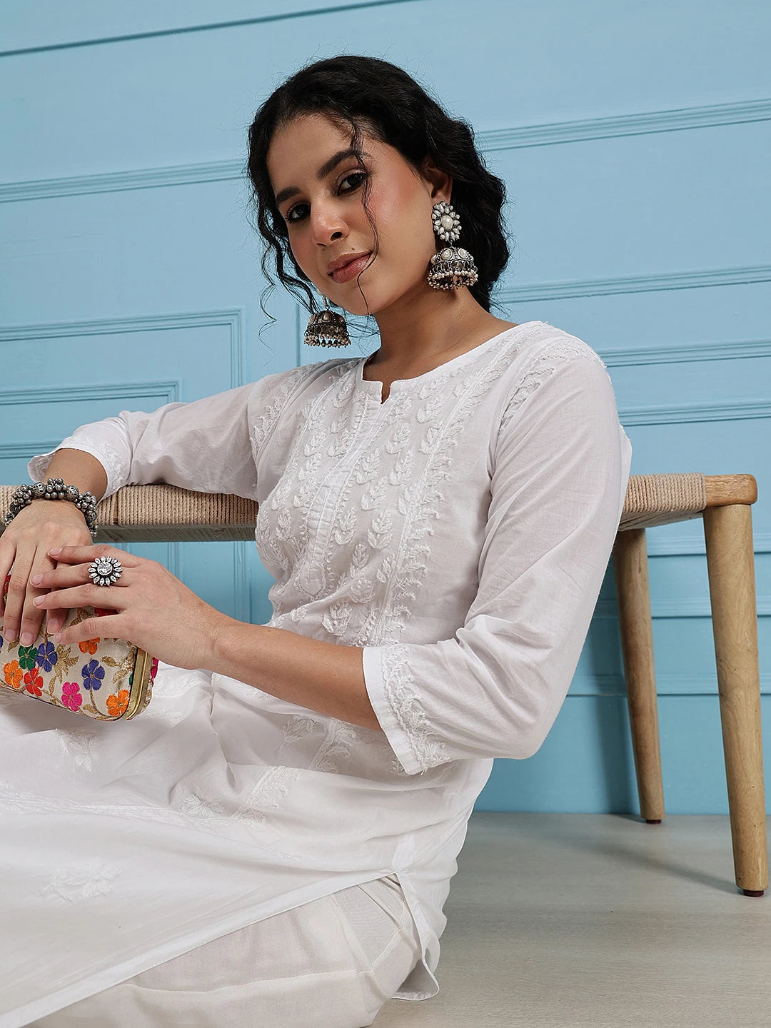 Ada Hand Embroidered White Cotton Lucknowi Chikankari Straight Kurta A411769