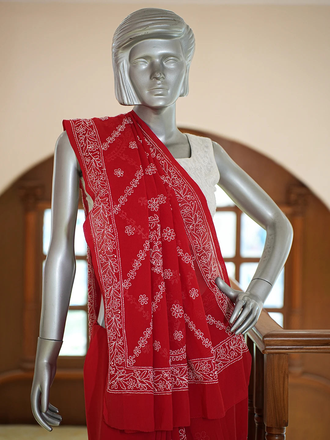Ada Hand Embroidered Red Georgette Lucknowi Chikankari Saree and Blouse 01A701139