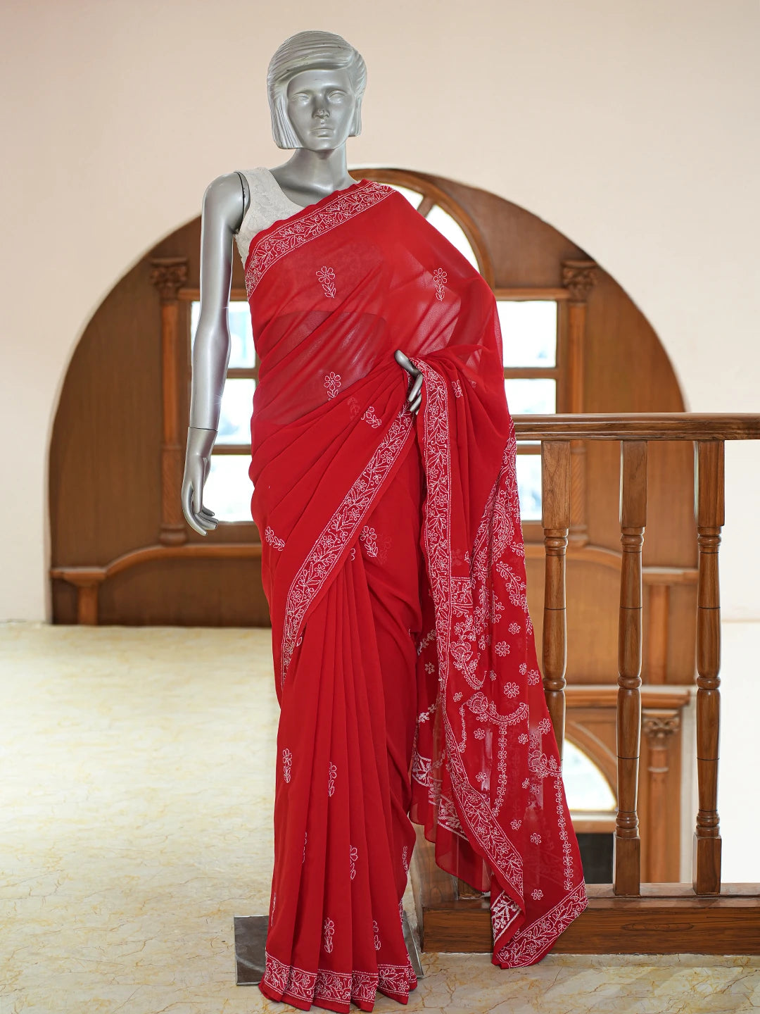 Ada Hand Embroidered Red Georgette Lucknowi Chikankari Saree and Blouse 01A701139