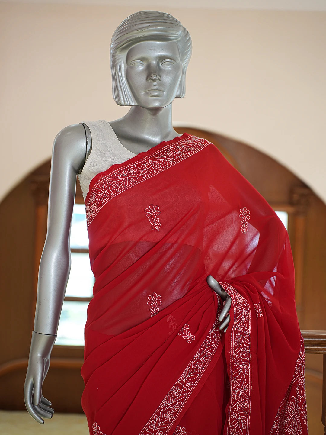 Ada Hand Embroidered Red Georgette Lucknowi Chikankari Saree and Blouse 01A701139