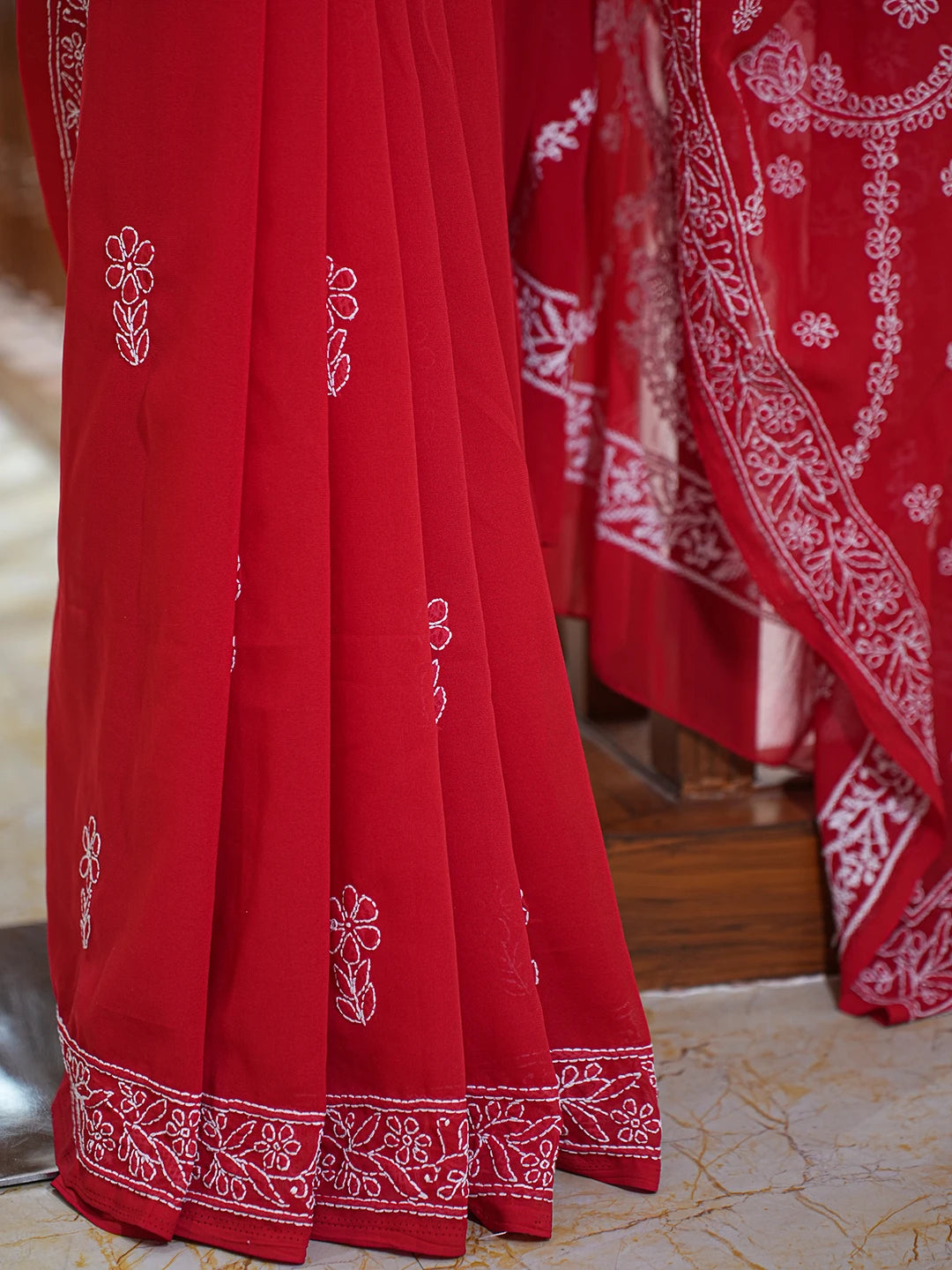 Ada Hand Embroidered Red Georgette Lucknowi Chikankari Saree and Blouse 01A701139