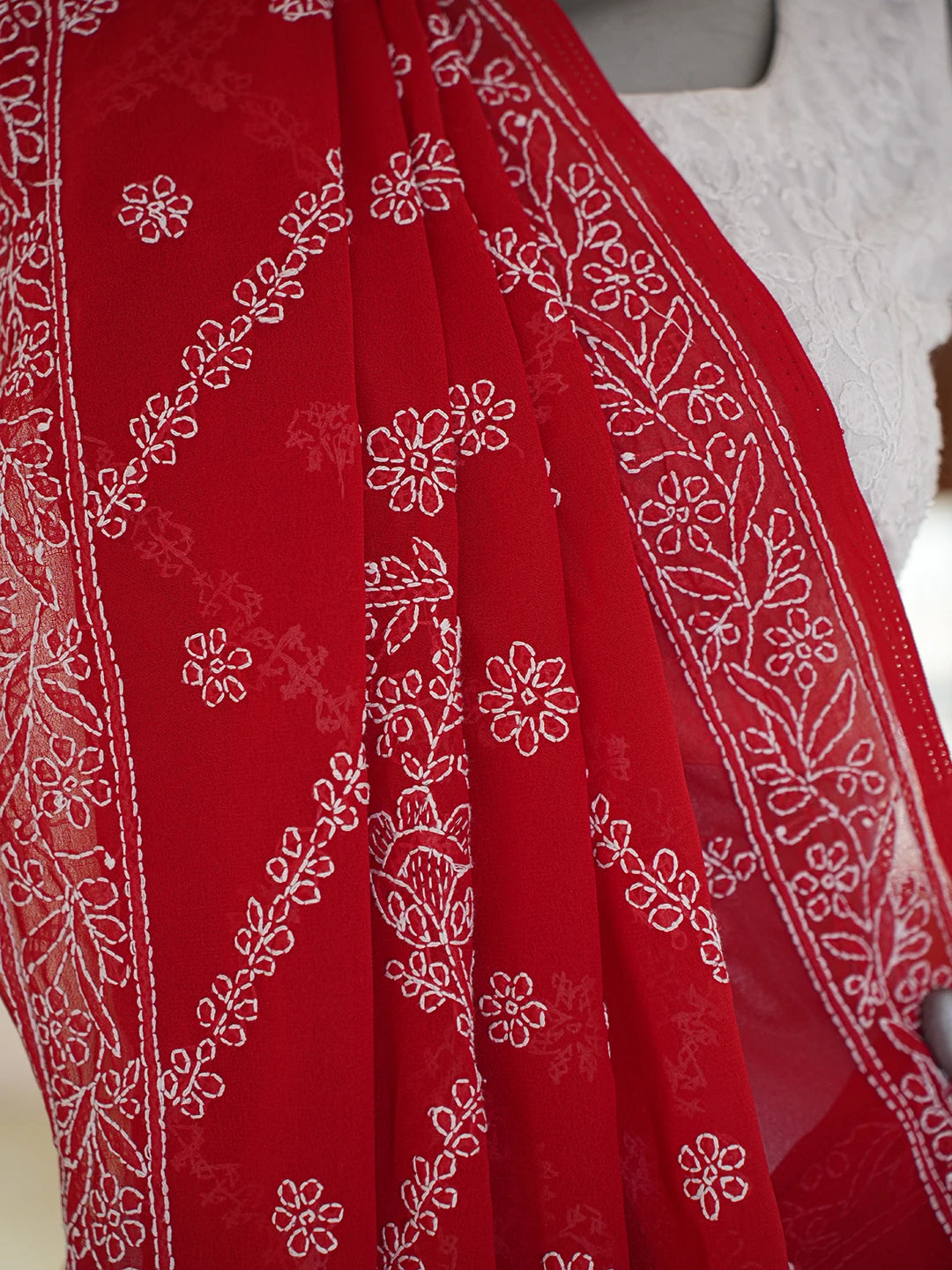 Ada Hand Embroidered Red Georgette Lucknowi Chikankari Saree and Blouse 01A701139
