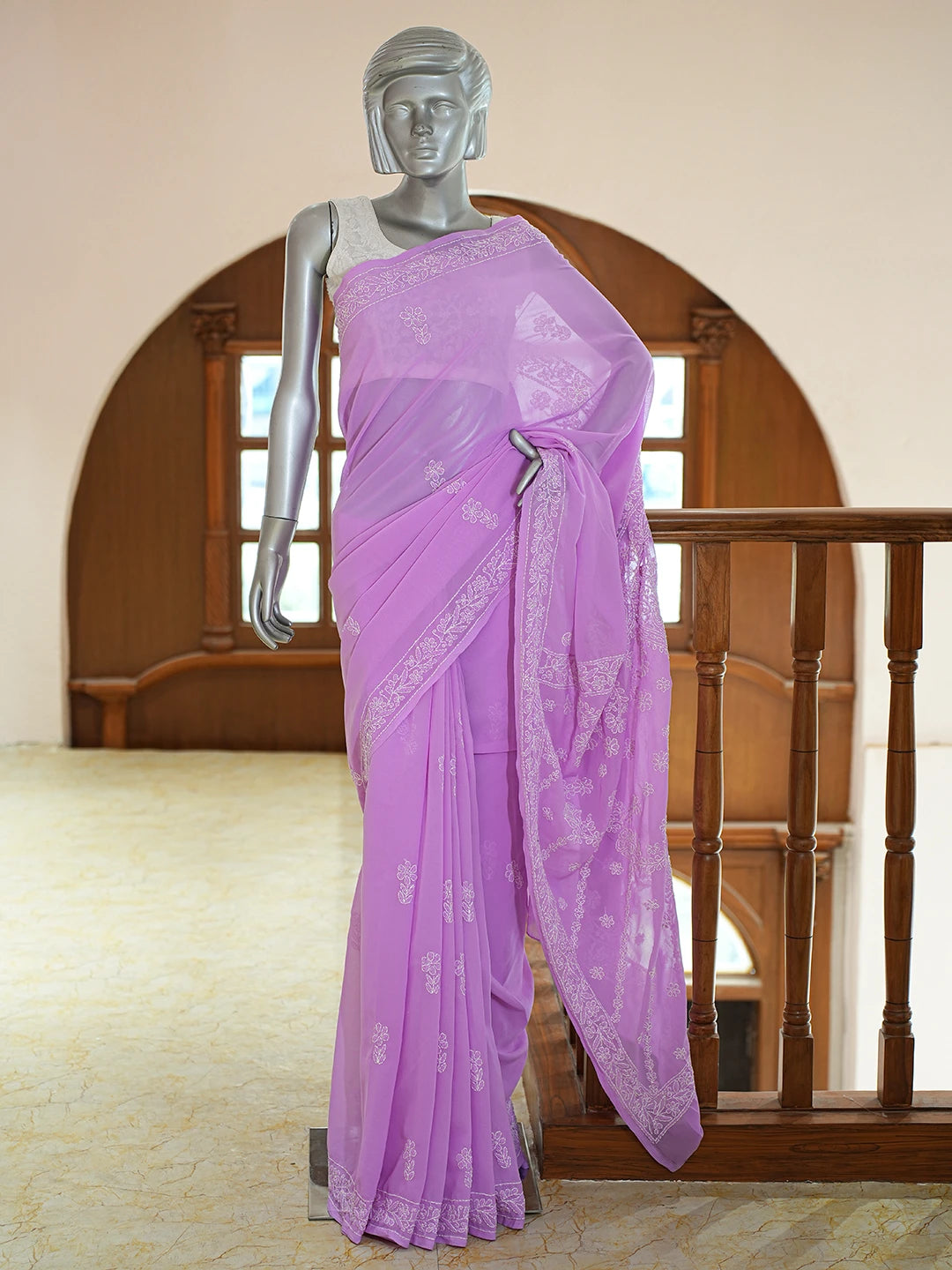 Ada Hand Embroidered Lavender Georgette Lucknowi Chikankari Saree and Blouse 01A770122