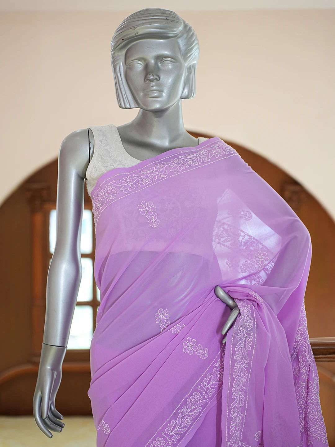Ada Hand Embroidered Lavender Georgette Lucknowi Chikankari Saree and Blouse 01A770122