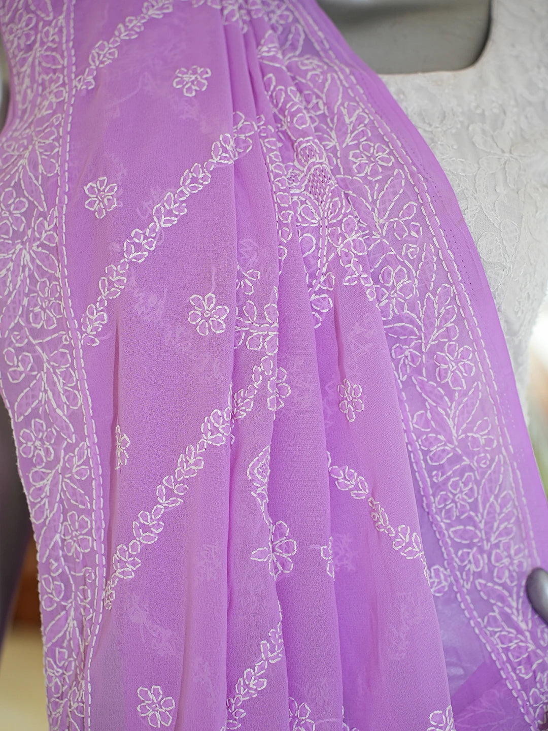 Ada Hand Embroidered Lavender Georgette Lucknowi Chikankari Saree and Blouse 01A770122