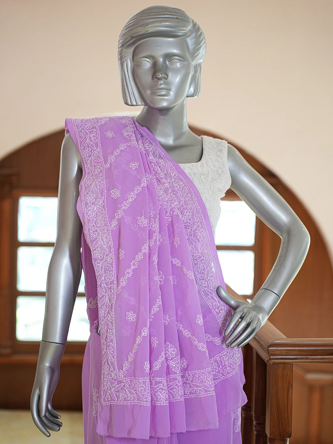 Ada Hand Embroidered Lavender Georgette Lucknowi Chikankari Saree and Blouse 01A770122