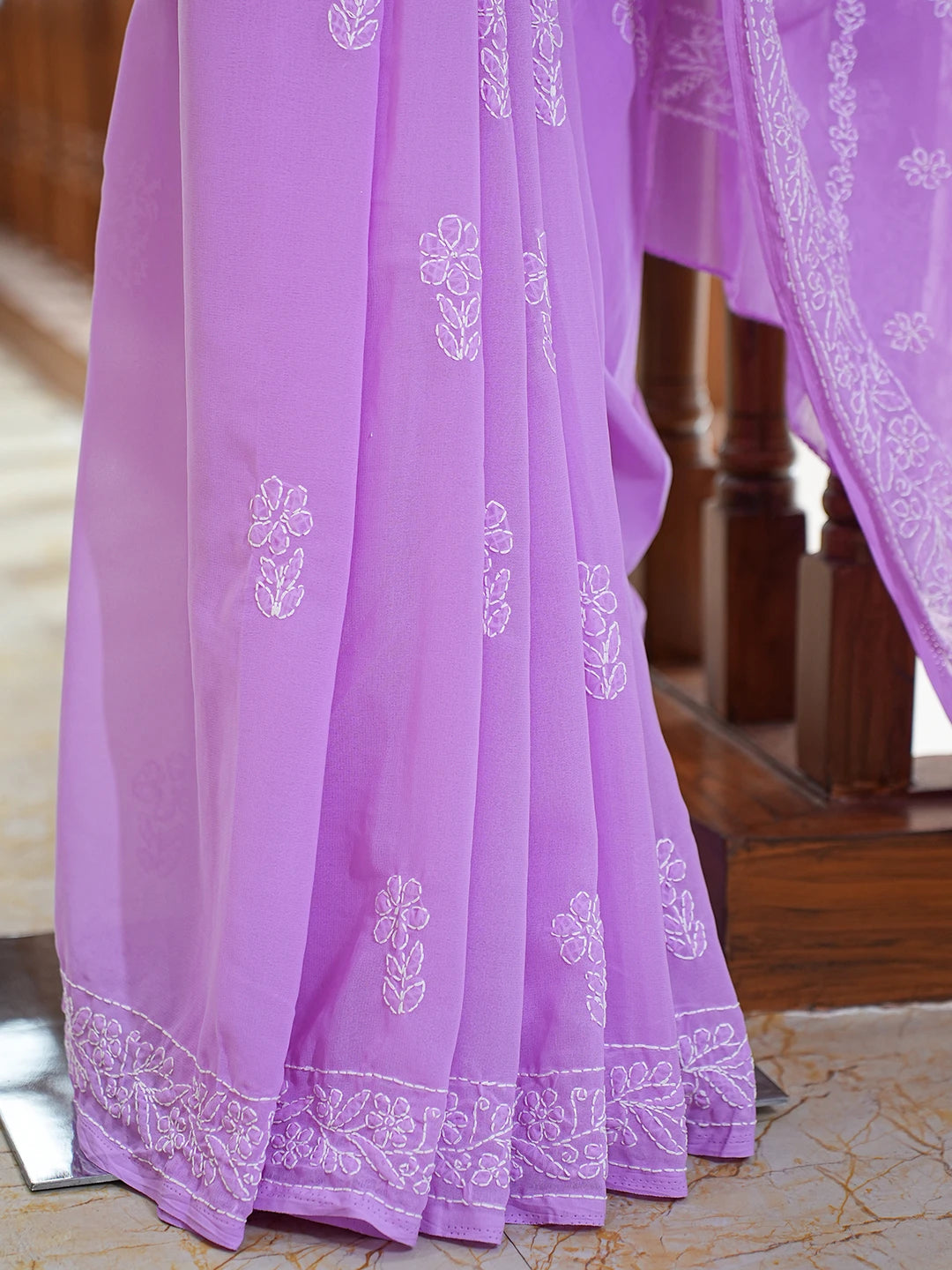 Ada Hand Embroidered Lavender Georgette Lucknowi Chikankari Saree and Blouse 01A770122