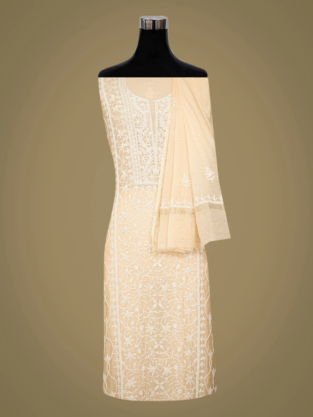 Ada Hand Embroidered Fawn Chanderi Lucknowi Chikankari Unstitched Kurta Dupatta Set With Pearl Work 01A749792