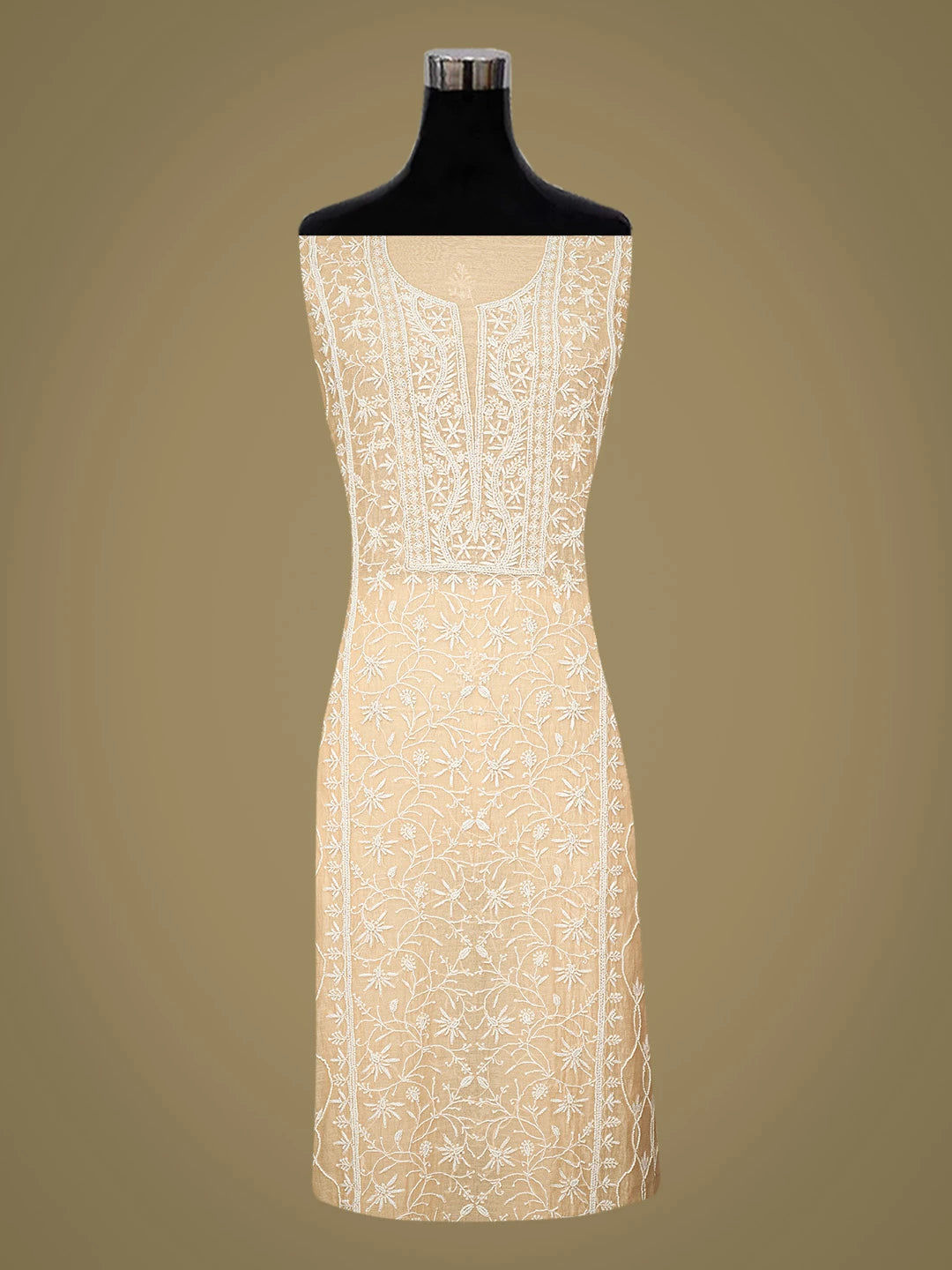 Ada Hand Embroidered Fawn Chanderi Lucknowi Chikankari Unstitched Kurta Dupatta Set With Pearl Work 01A749792