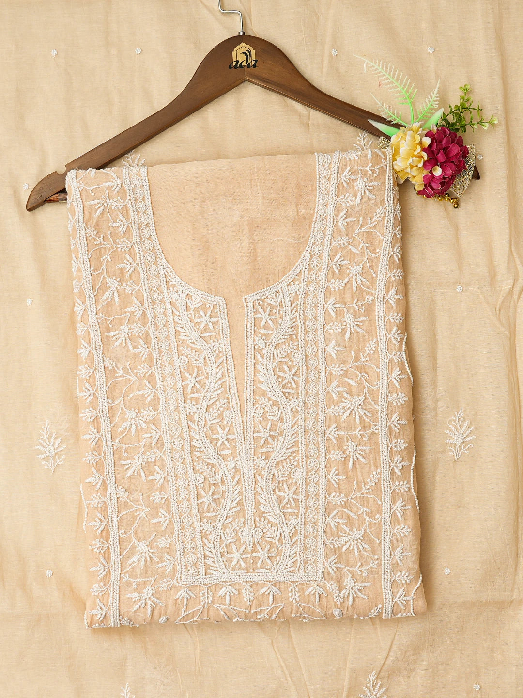 Ada Hand Embroidered Fawn Chanderi Lucknowi Chikankari Unstitched Kurta Dupatta Set With Pearl Work 01A749792