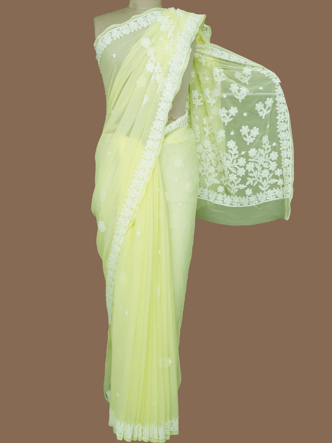 Ada Hand Embroidered Lemon Georgette Lucknowi Chikankari Saree and Blouse 01A782737