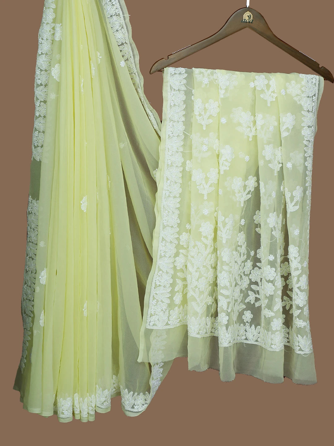 Ada Hand Embroidered Lemon Georgette Lucknowi Chikankari Saree and Blouse 01A782737