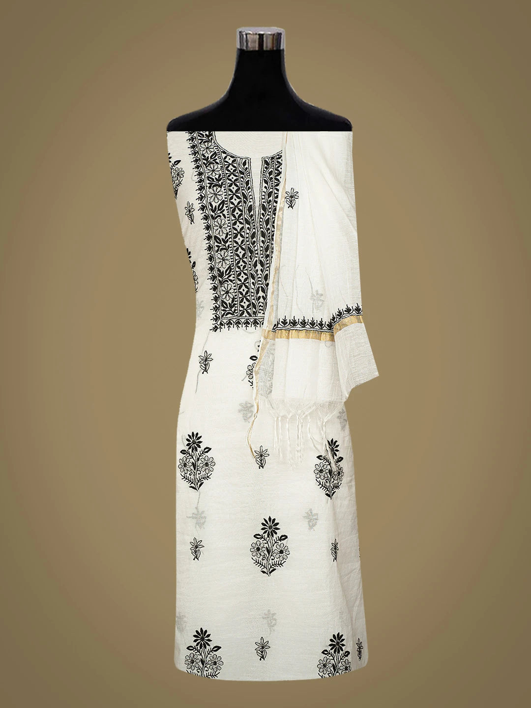 Ada Hand Embroidered White Chanderi Lucknowi Chikankari Unstitched Kurta Dupatta Set 01A789499