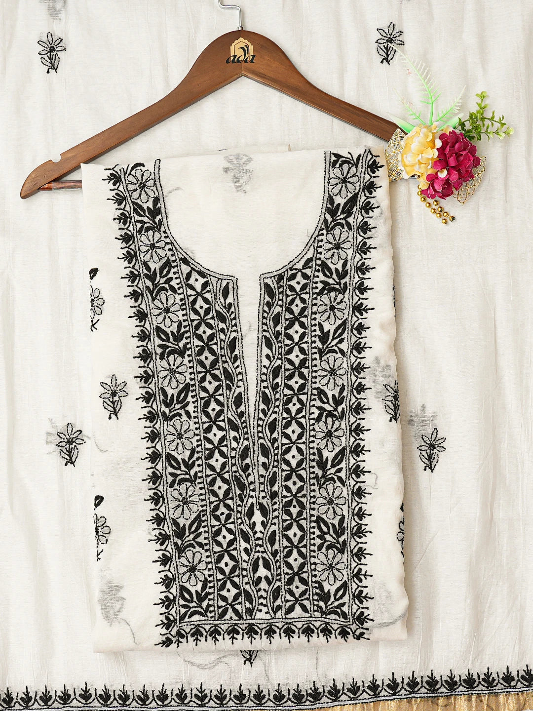 Ada Hand Embroidered White Chanderi Lucknowi Chikankari Unstitched Kurta Dupatta Set 01A789499