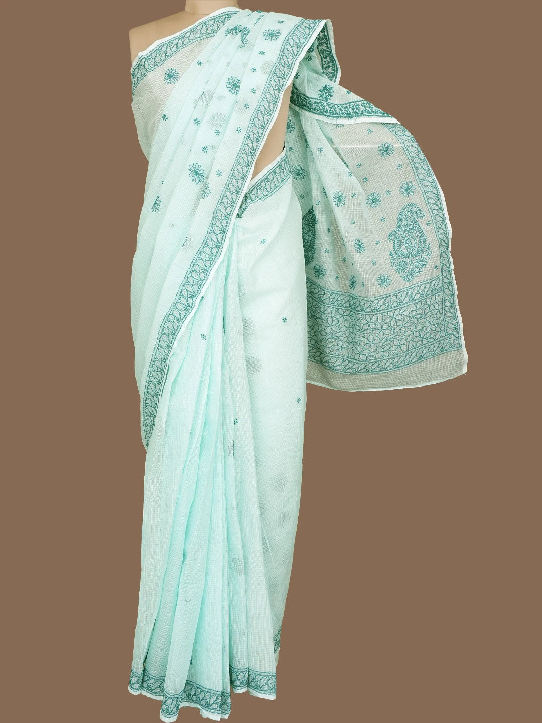 Ada Hand Embroidered Sea Green Kota Lucknowi Chikankari Saree and Blouse 01A778026