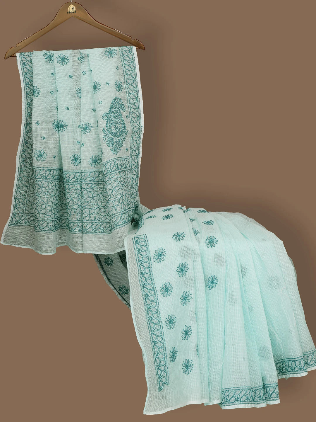 Ada Hand Embroidered Sea Green Kota Lucknowi Chikankari Saree and Blouse 01A778026