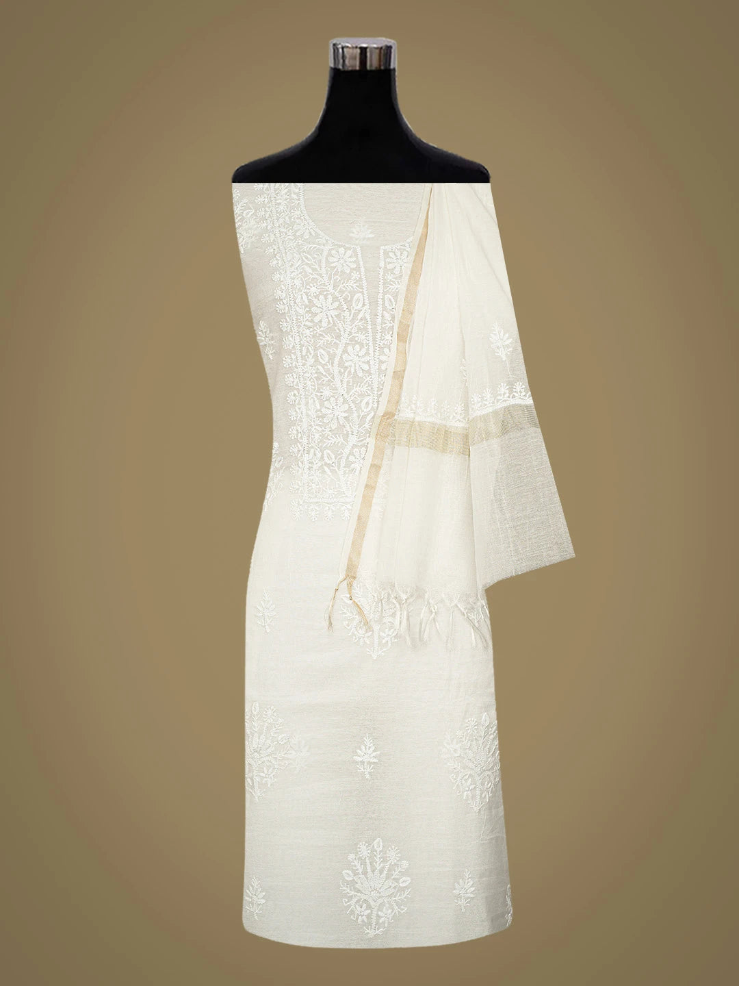 Ada Hand Embroidered White Chanderi Lucknowi Chikankari Unstitched Kurta Dupatta Set 01A789513
