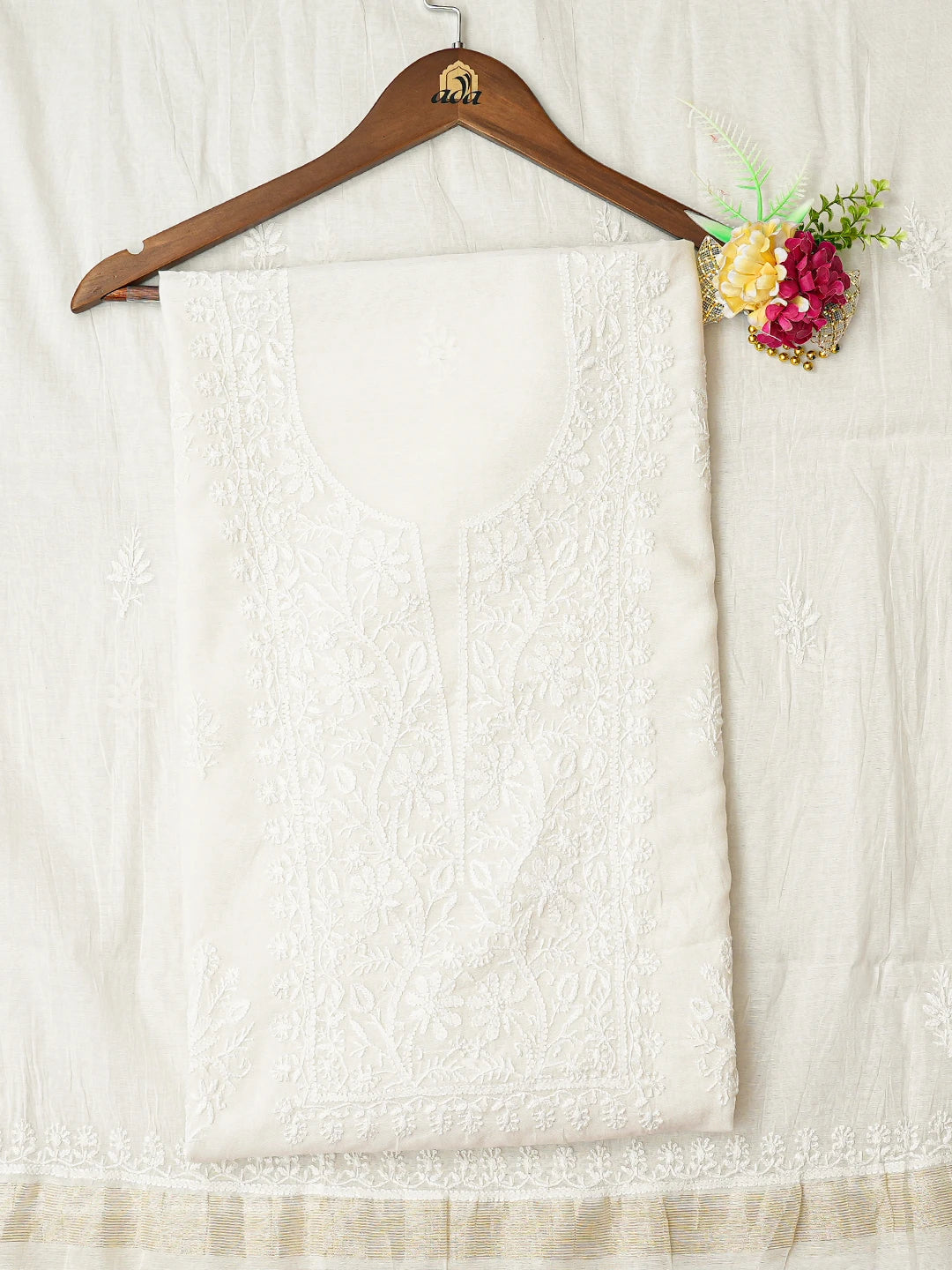 Ada Hand Embroidered White Chanderi Lucknowi Chikankari Unstitched Kurta Dupatta Set 01A789513