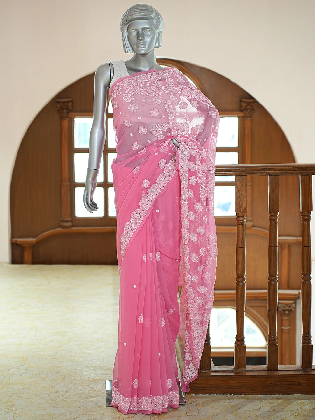 Ada Hand Embroidered Onion Pink Georgette Lucknowi Chikankari Saree and Blouse 01A773289